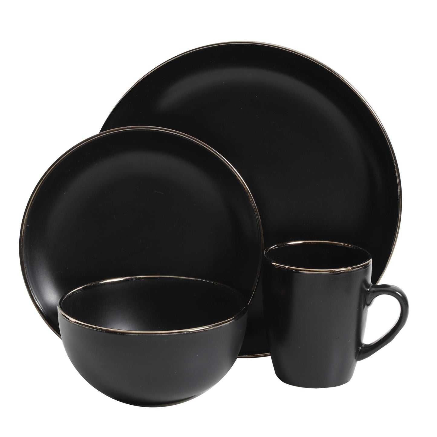 Gibson Home Rockaway Round Stoneware Dinnerware Set, Service for 4 (16pcs), Black/Gold Rim