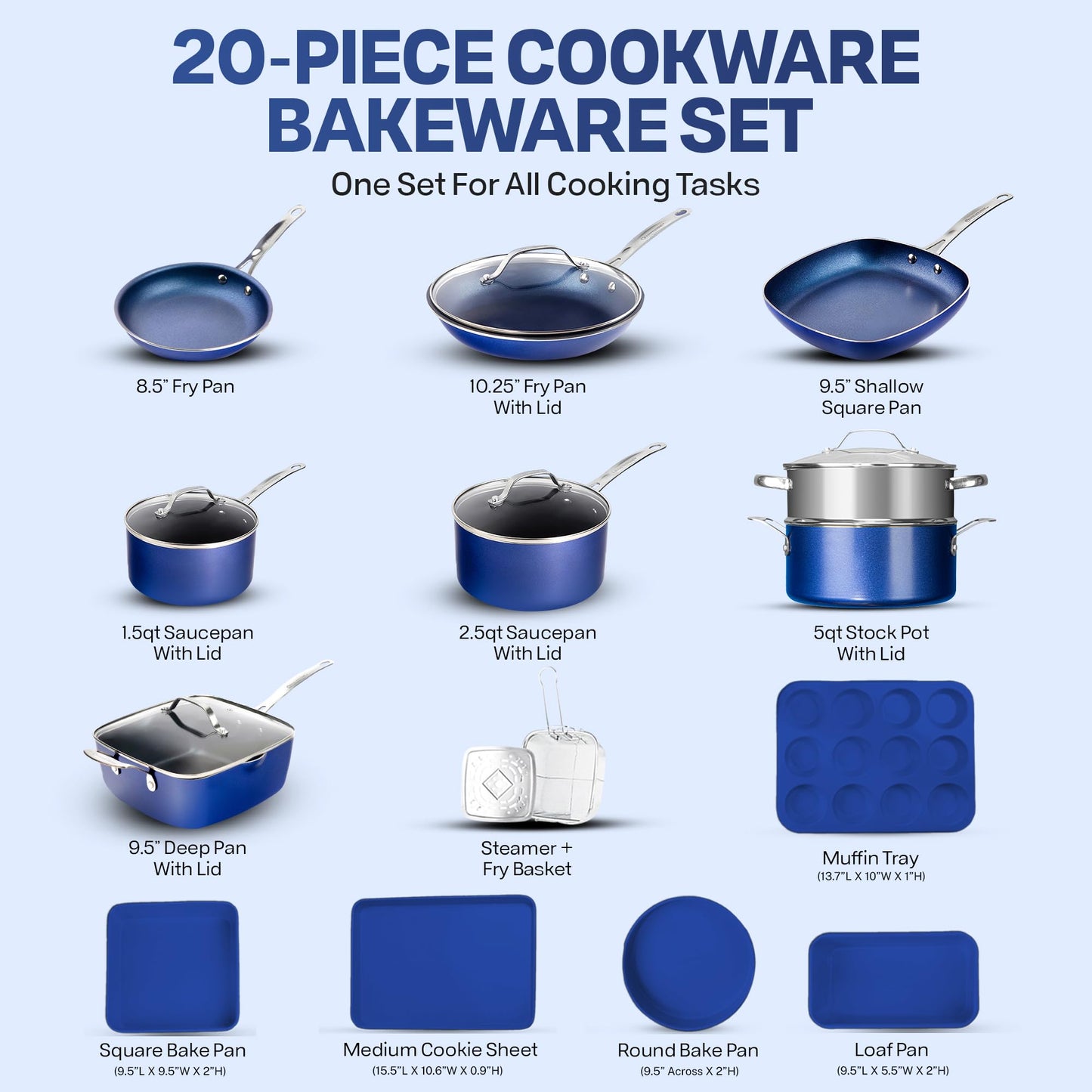 20 Pc Kitchen Pots and Pans Set Non Stick Cookware Set Oven & Dishwasher Safe - Blue