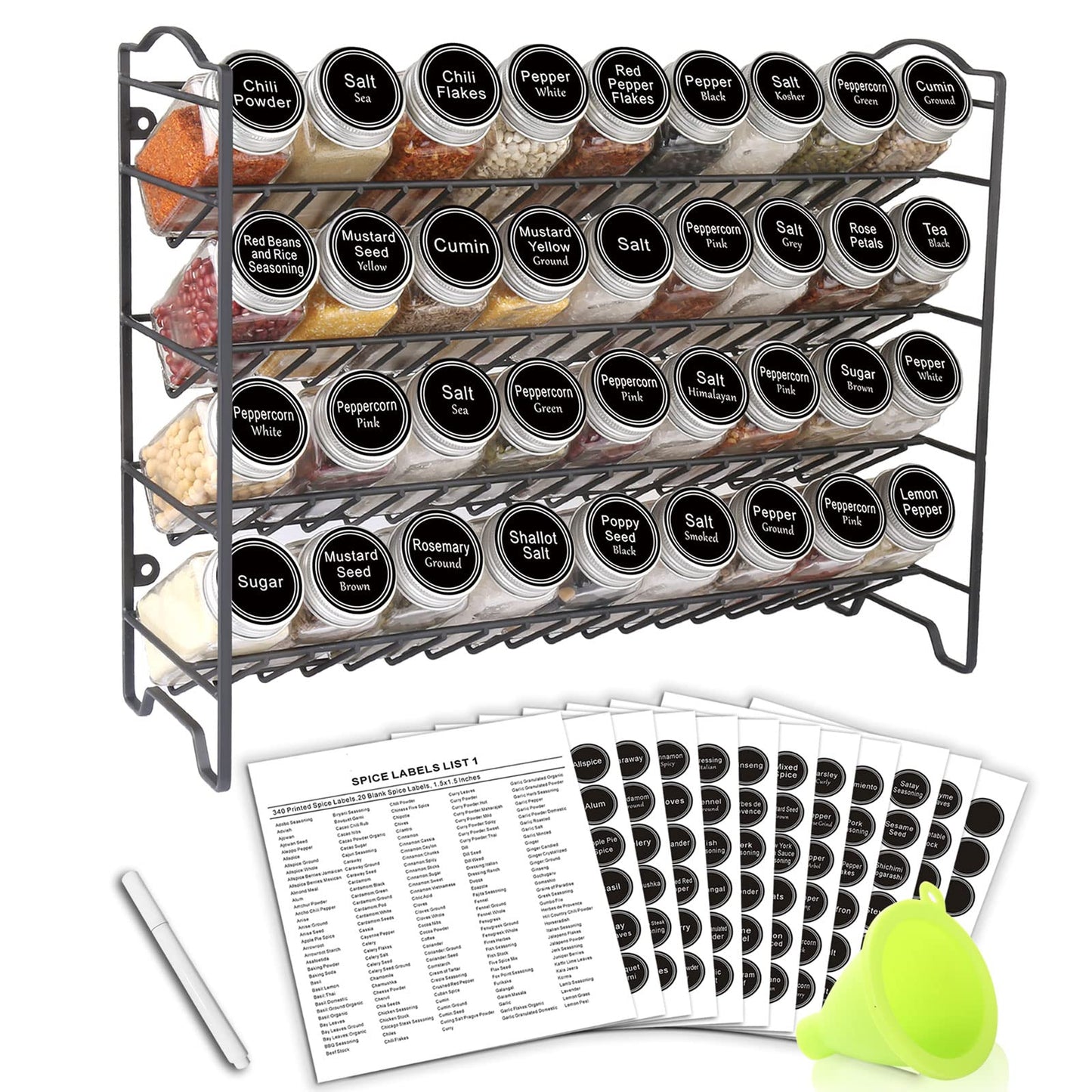 Spice Rack Organizer with 36 Empty Square Spice Jars, 396 Spice Labels with Chalk Marker and Funnel Complete Set, for Countertop, Cabinet or Wall Mount, Black