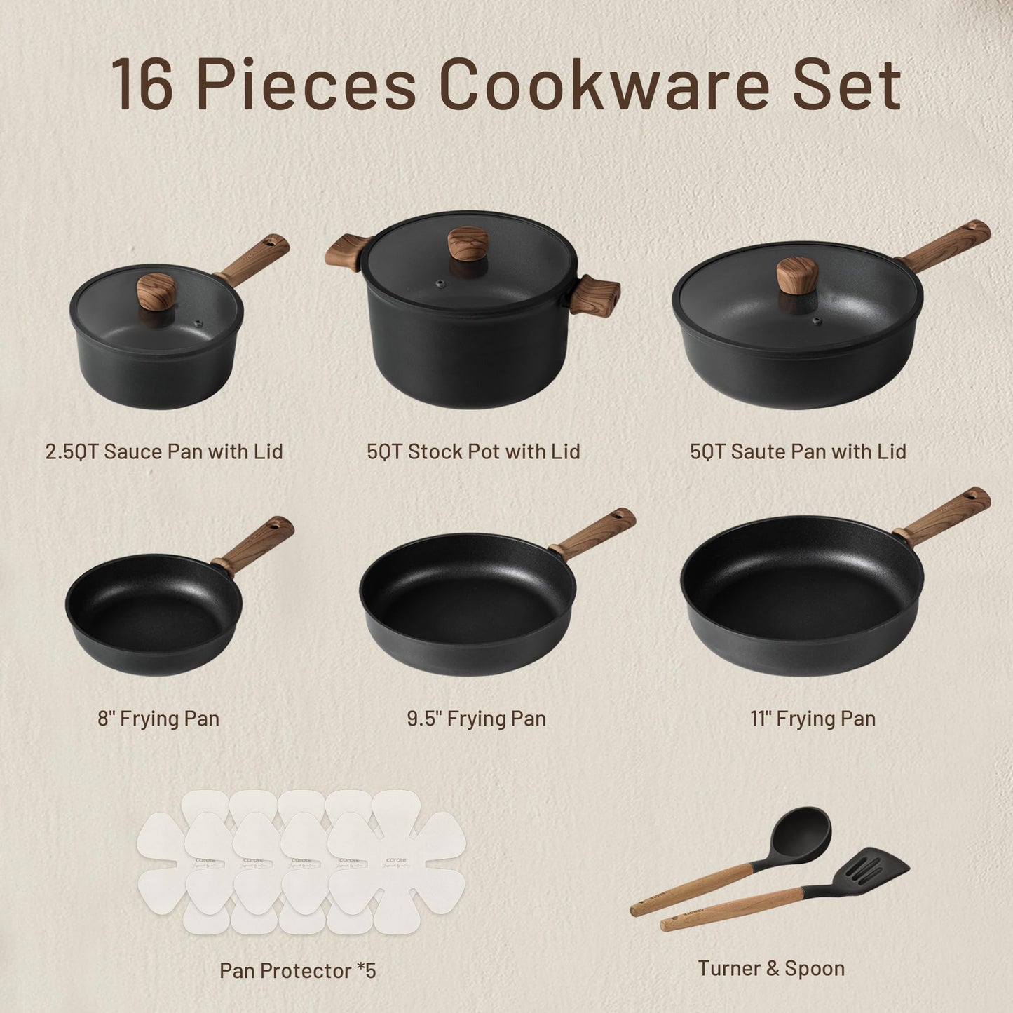 16pcs Pots and Pans Set Non Stick Induction Cookware Sets with Stay-Cool Handle, Black