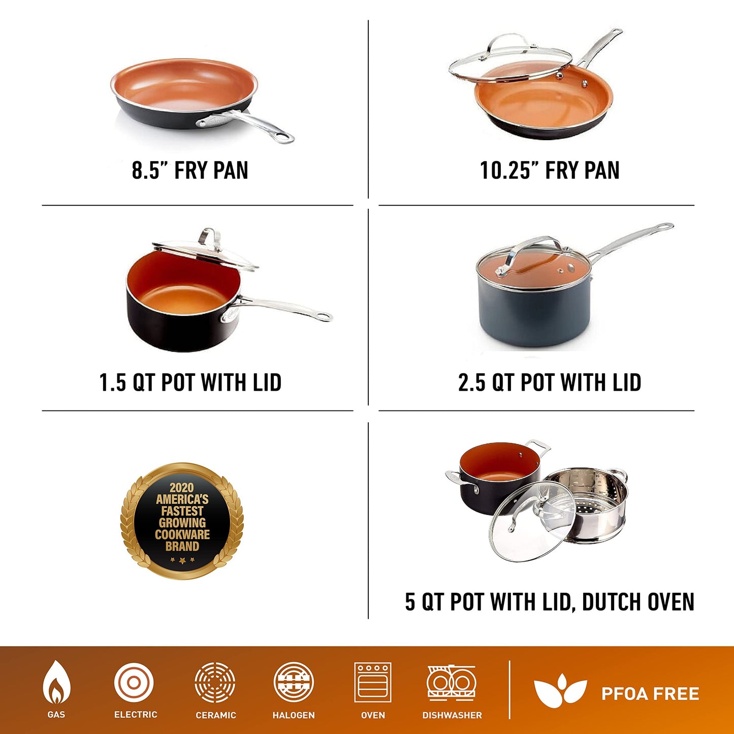 10 Piece Pots and Pans Set with Ultra Nonstick Diamond Surface Safe 100% PFOA Free