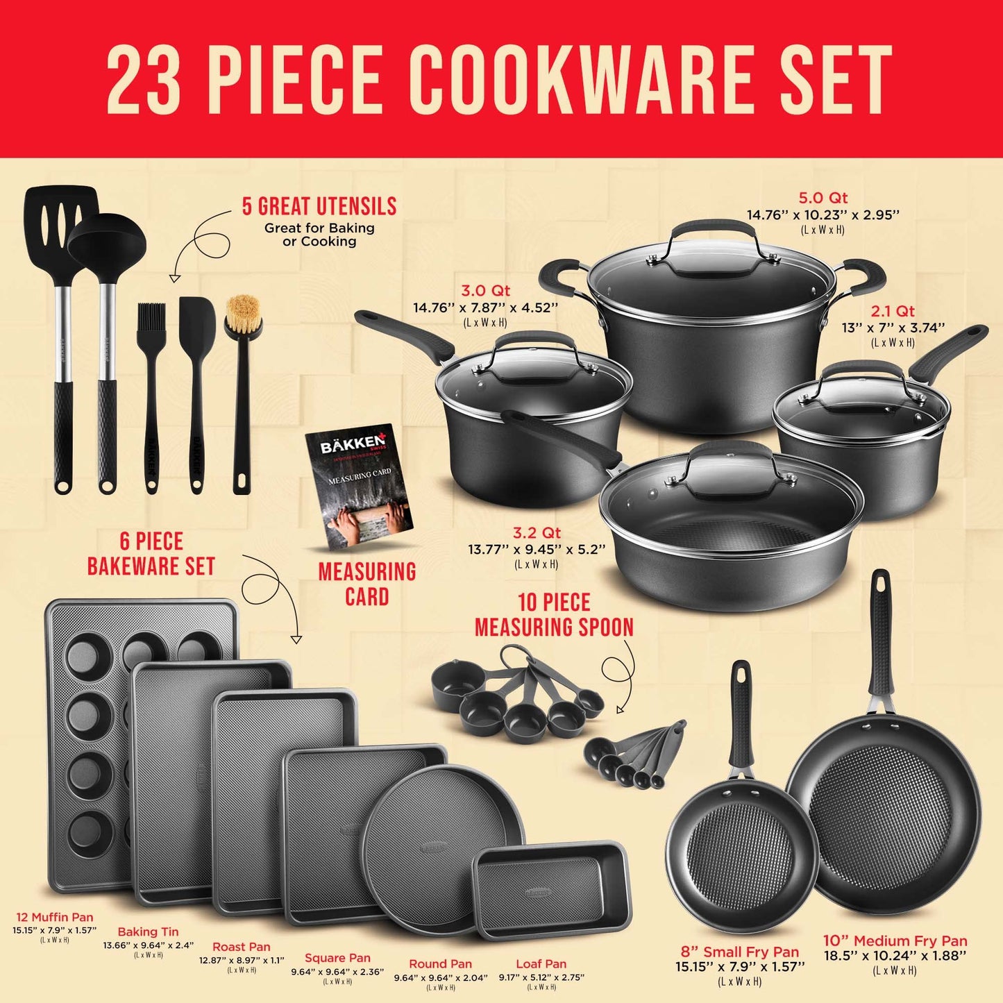 Cookware Set – 23 Piece –Black Multi-Sized Cooking Pots with Lids