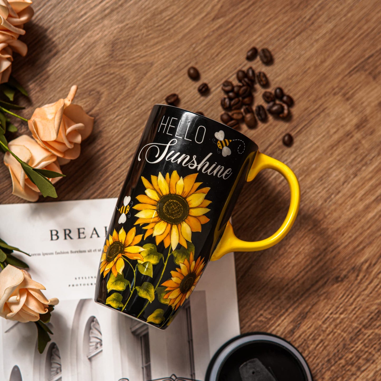 Sunflower Ceramic Mug Coffee Cup with Lid and Matching Gift Box Latte Mug,17oz