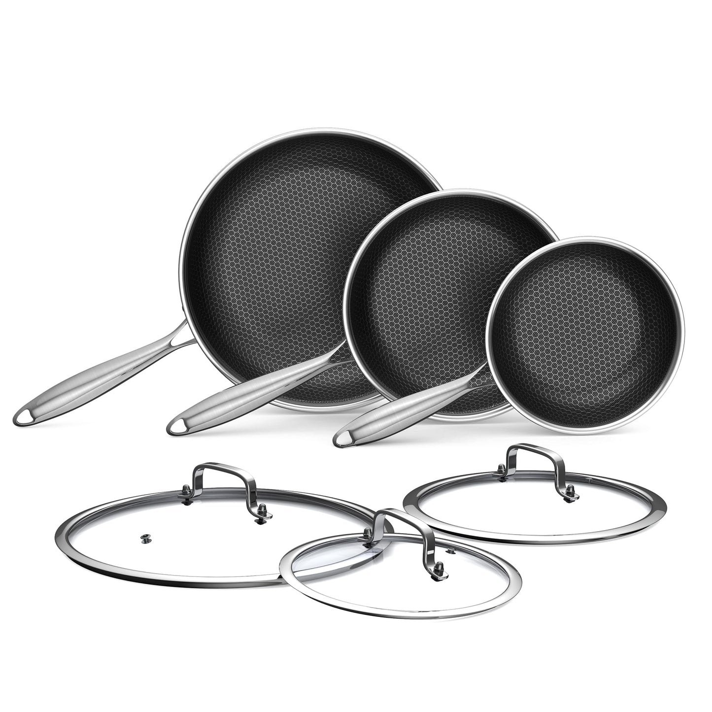 Advanced Nonstick Ceramic Cookware Set - Hybrid Tech, 8,10,12 Inch Frying Pans with Lids