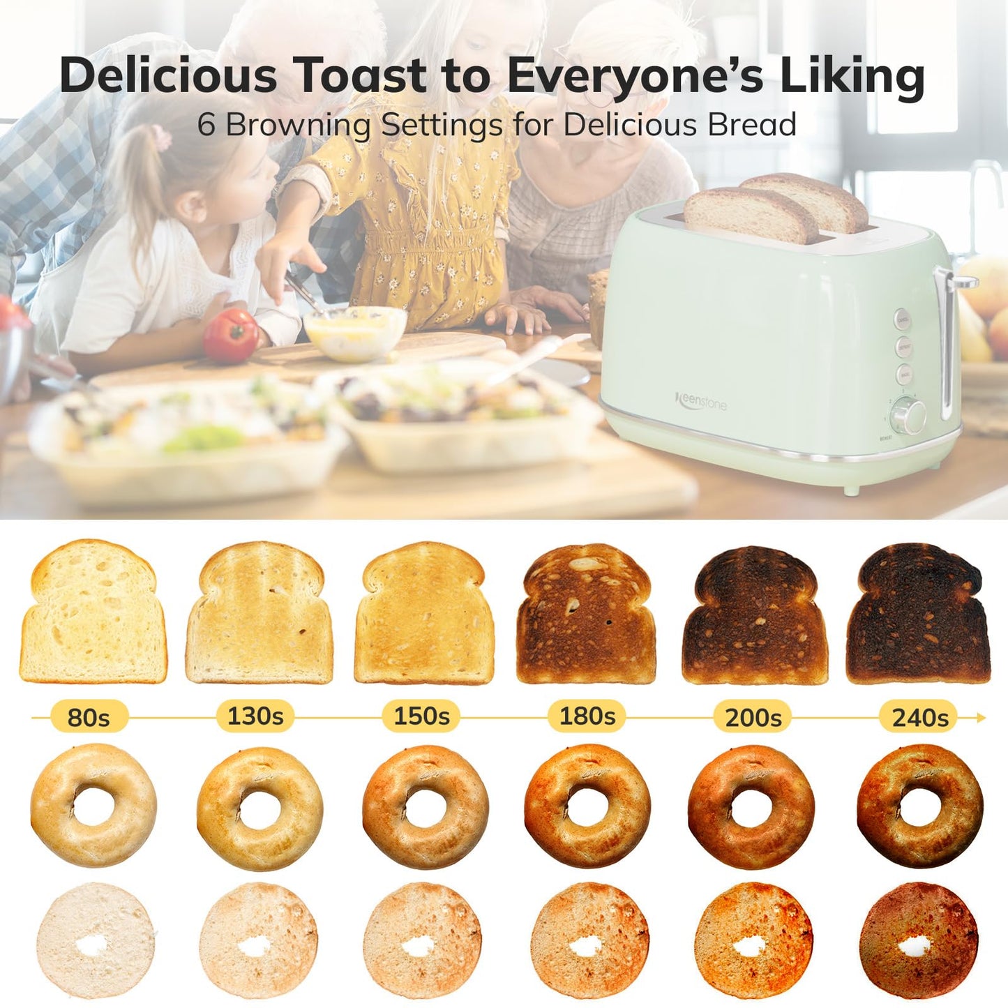 2 Slice Toaster Retro Stainless Steel Toaster with Bagel, Cancel 6 Bread Toaster