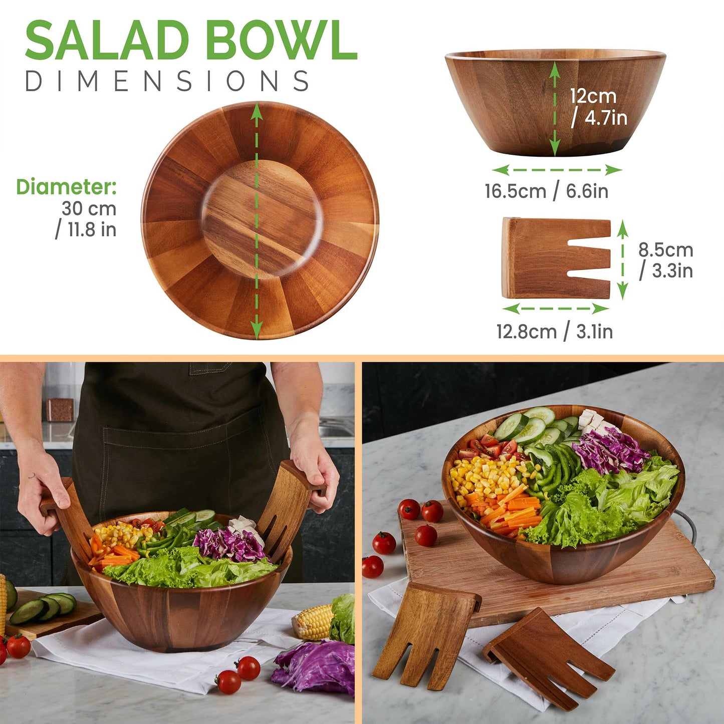 FRESHY CHEF Wooden Salad Bowl - 3 Piece Set - Large Acacia Wood Salad Bowl with Serving Hands - Handmade with Natural Wood - Also Works as Fruit Holder and Decorative Table Accent