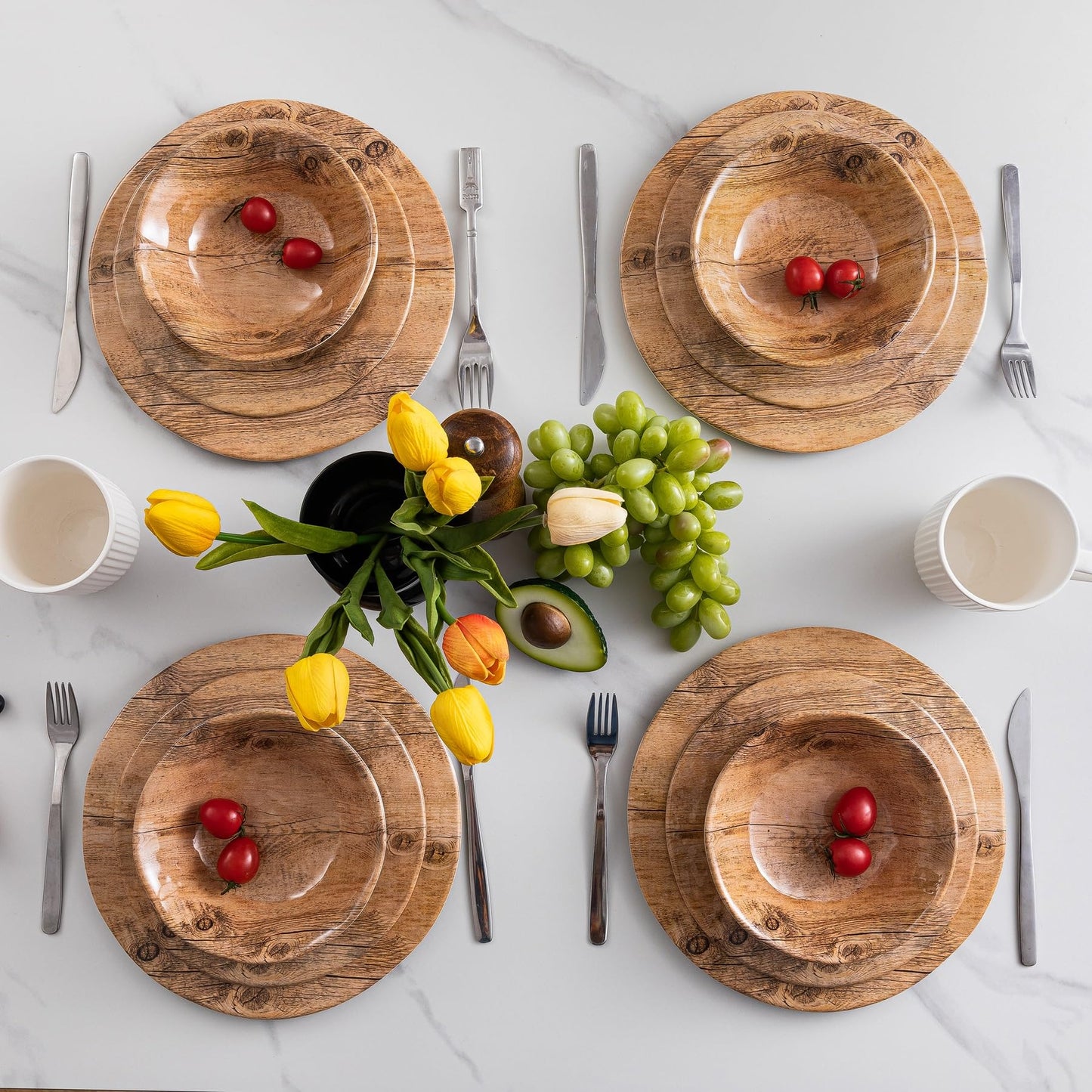 ZAROCRUS 12 piece Melamine Dinnerware Sets, Wood Grain Lightweight Melamine Dishes Set with Plates and Bowls, Set of 4, RVs, Camping Dishes Dinnerware Set, Dishwasher Safe