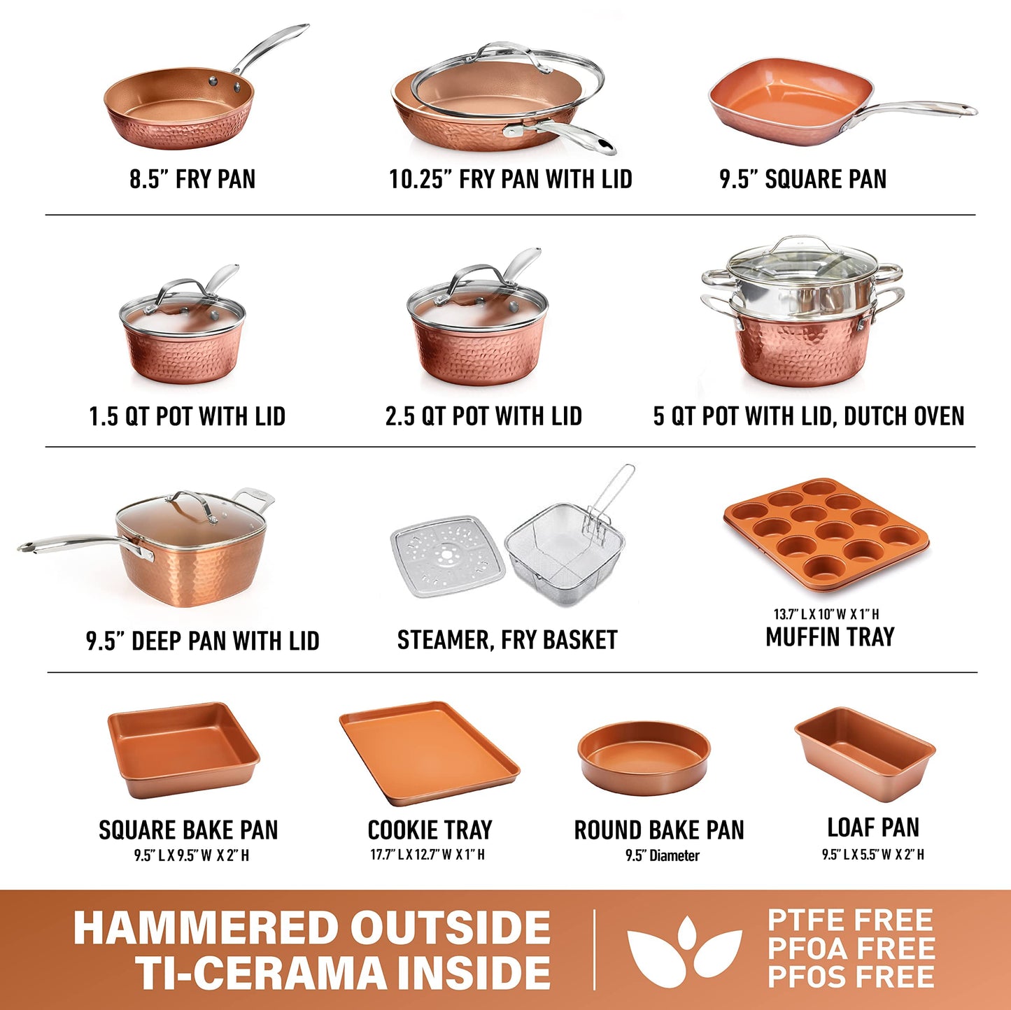 Steel Hammered Copper Collection – 20 Piece Premium Pots and Pans Set