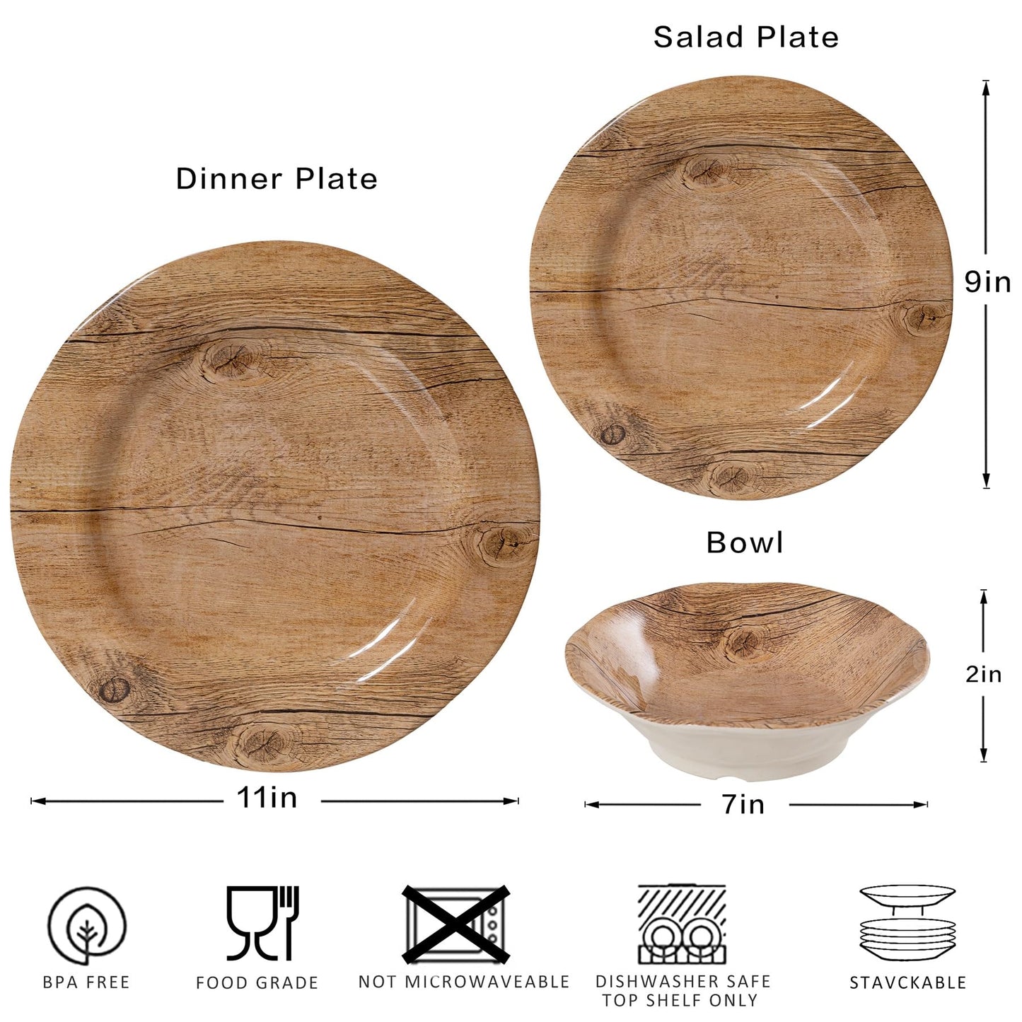 ZAROCRUS 12 piece Melamine Dinnerware Sets, Wood Grain Lightweight Melamine Dishes Set with Plates and Bowls, Set of 4, RVs, Camping Dishes Dinnerware Set, Dishwasher Safe