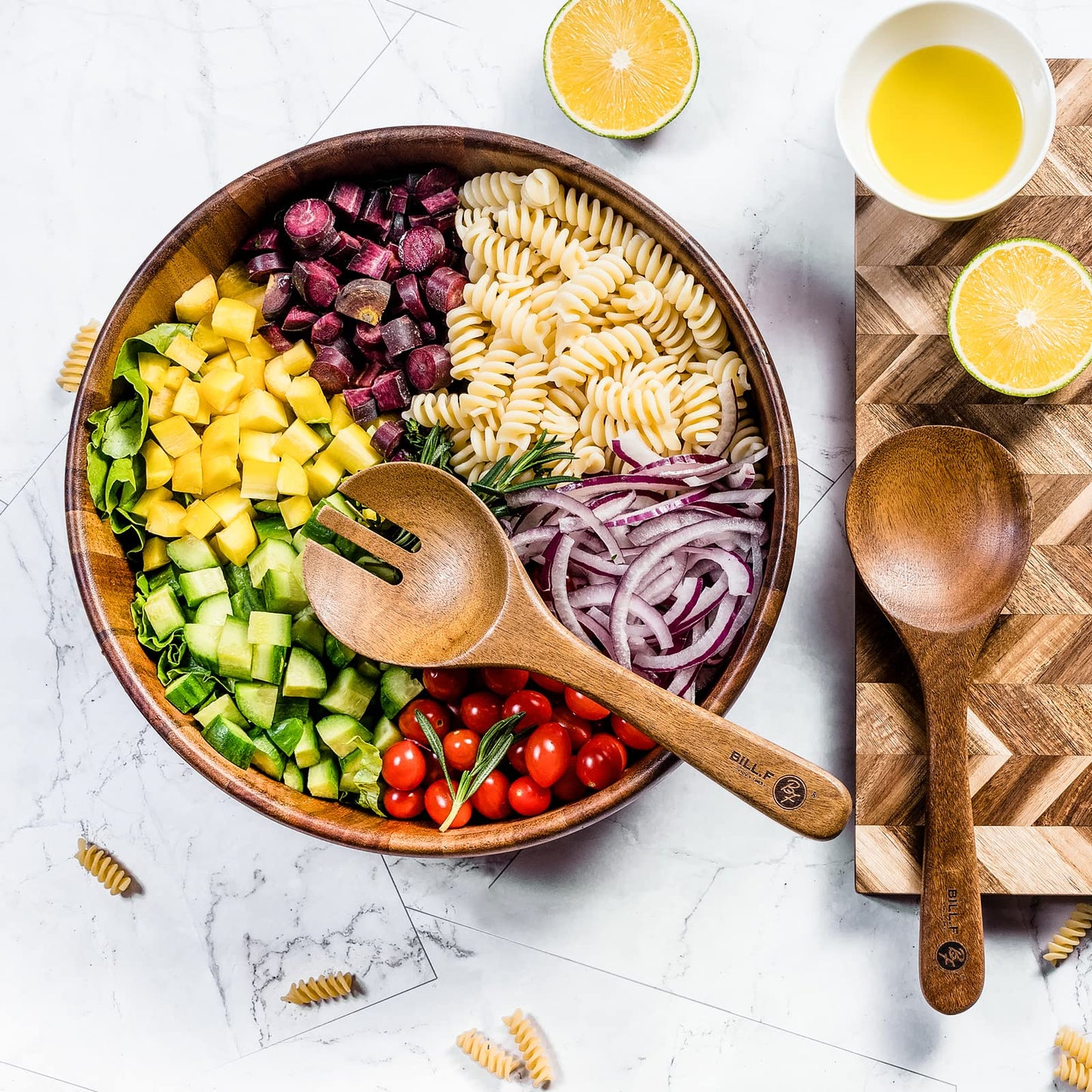 Wooden Salad Bowl, 12'' Acacia Wood Salad Bowls Set Large Salad Mixing Bowl with Servers-3-Piece