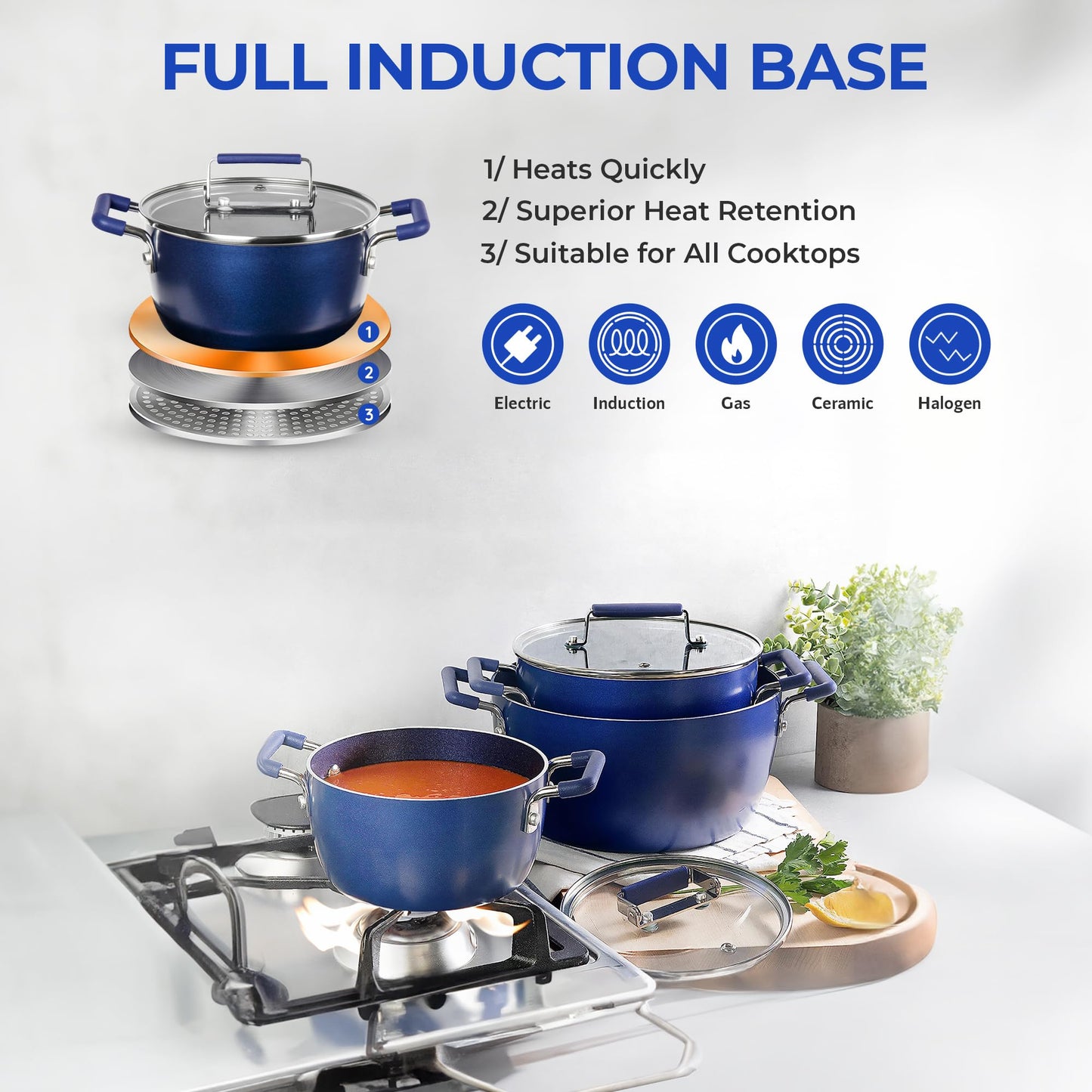 Blue Pots and Pans Set Nonstick 6 Stackable Piece Cooking Pots Set Kitchen Pots