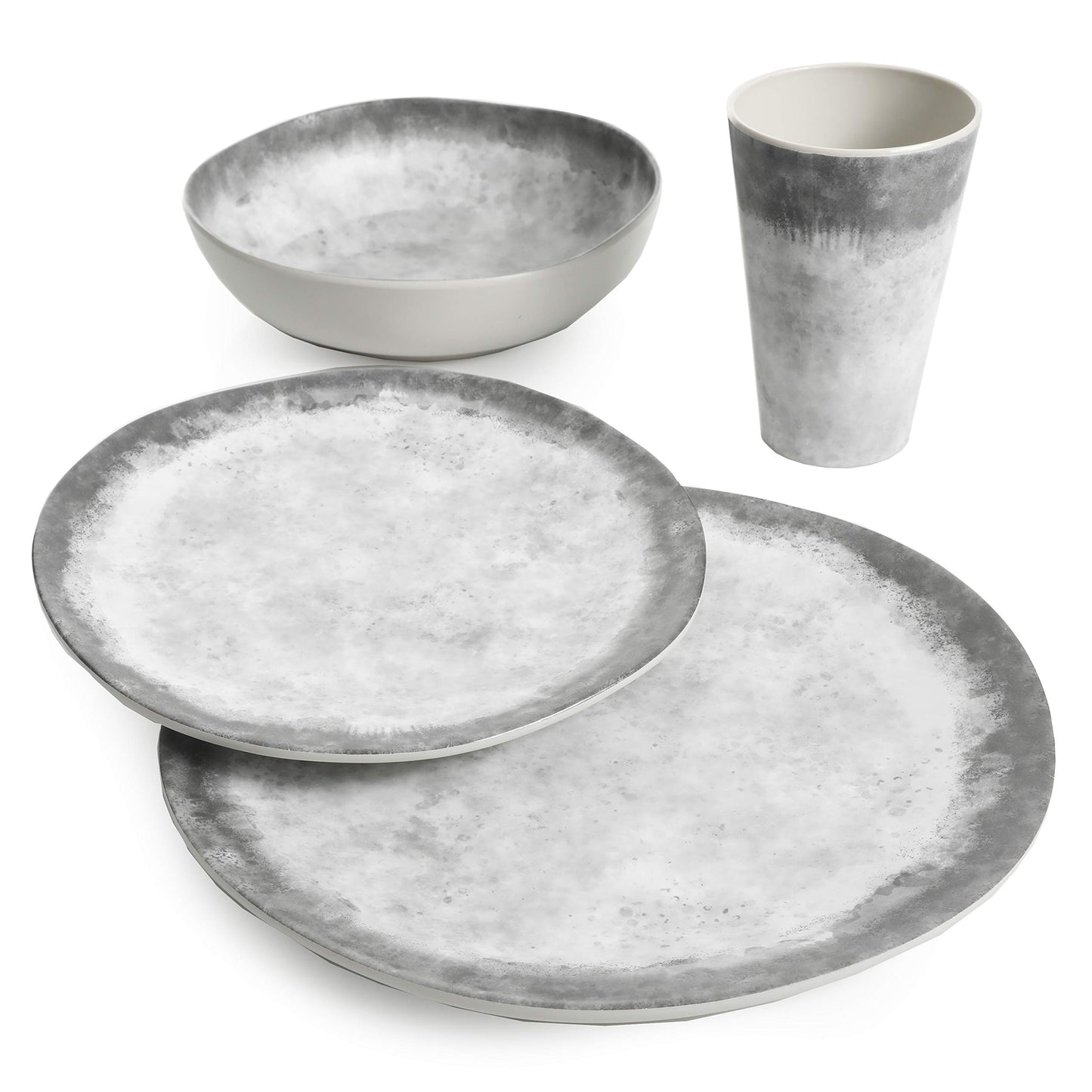 Home Granite Organic Round Melamine Plastic Dinnerware Set, Service for Four (16pcs), Marble