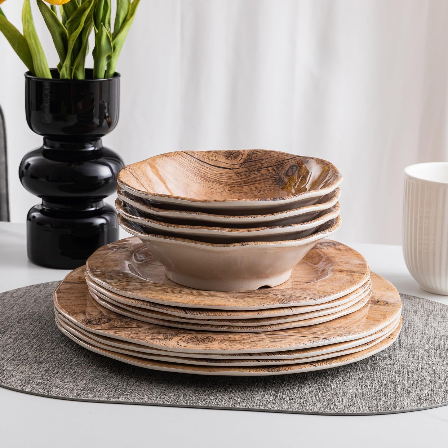 ZAROCRUS 12 piece Melamine Dinnerware Sets, Wood Grain Lightweight Melamine Dishes Set with Plates and Bowls, Set of 4, RVs, Camping Dishes Dinnerware Set, Dishwasher Safe