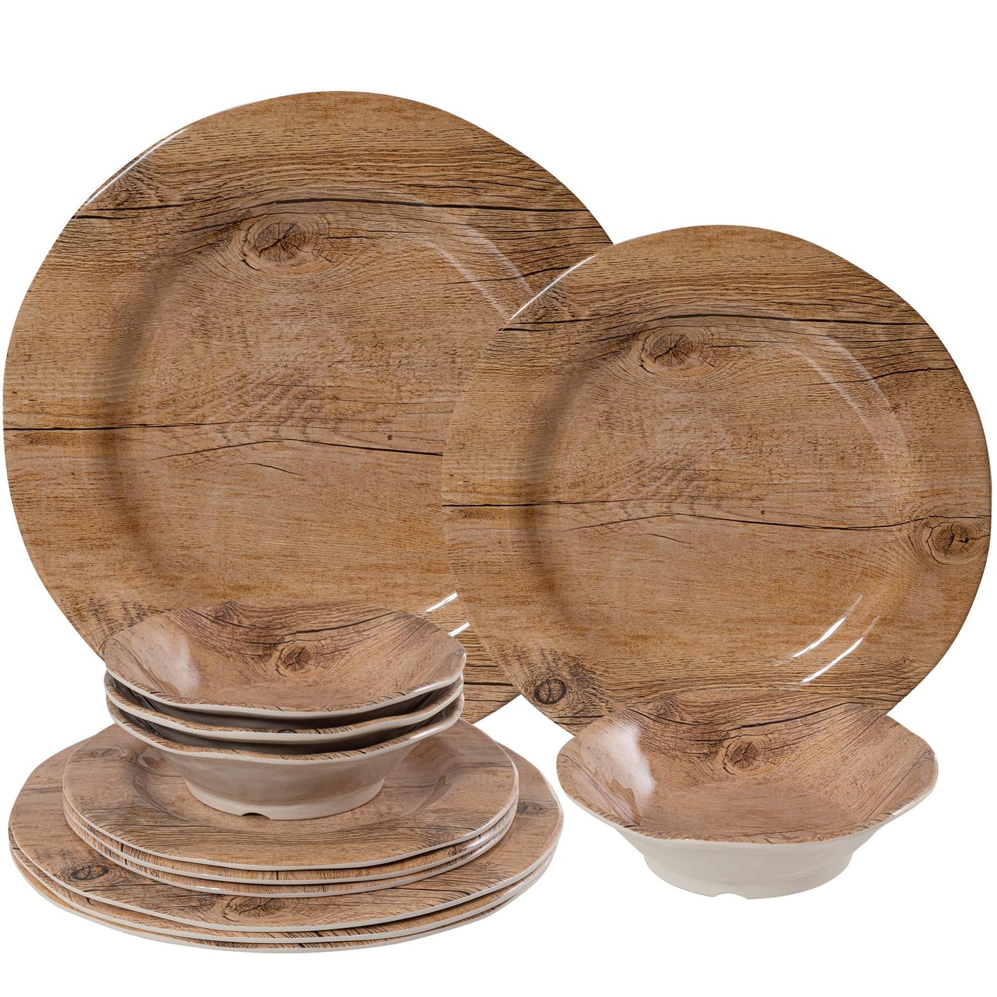 ZAROCRUS 12 piece Melamine Dinnerware Sets, Wood Grain Lightweight Melamine Dishes Set with Plates and Bowls, Set of 4, RVs, Camping Dishes Dinnerware Set, Dishwasher Safe
