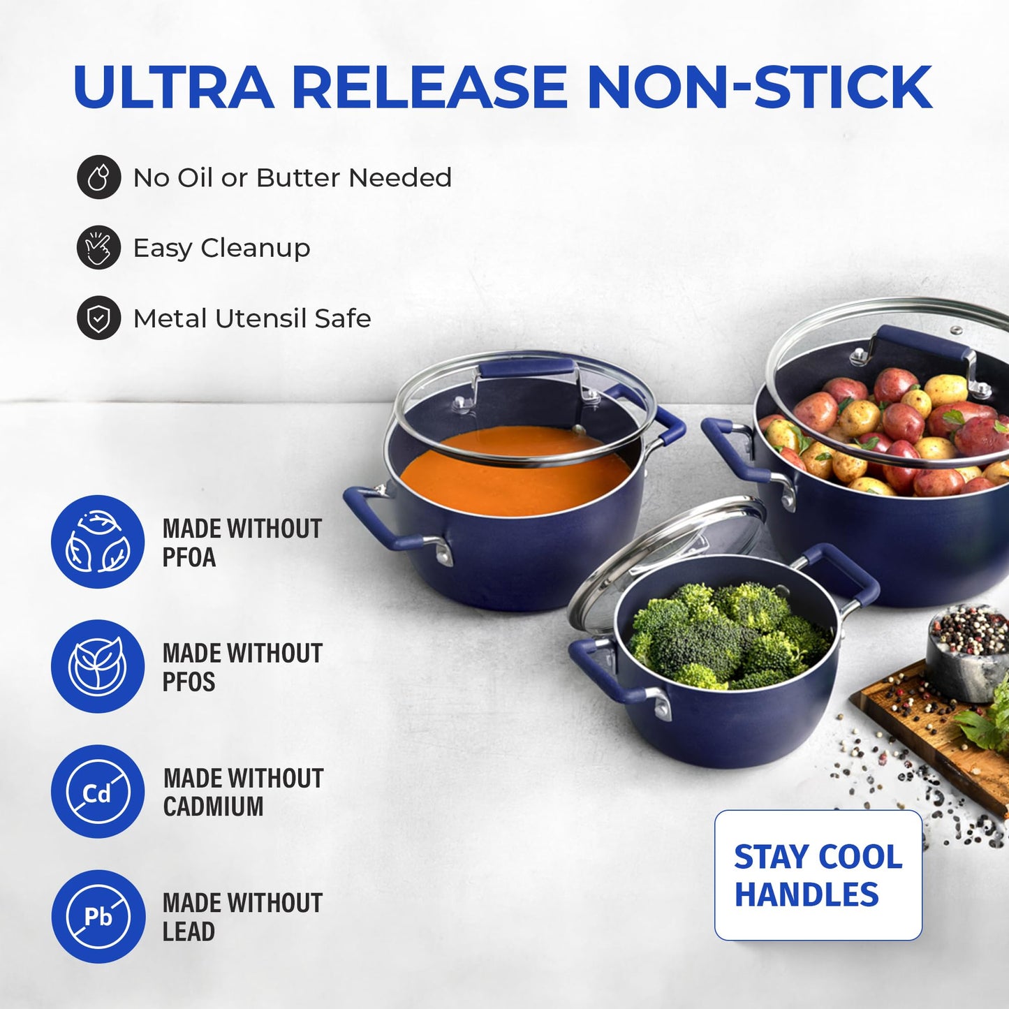 Blue Pots and Pans Set Nonstick 6 Stackable Piece Cooking Pots Set Kitchen Pots