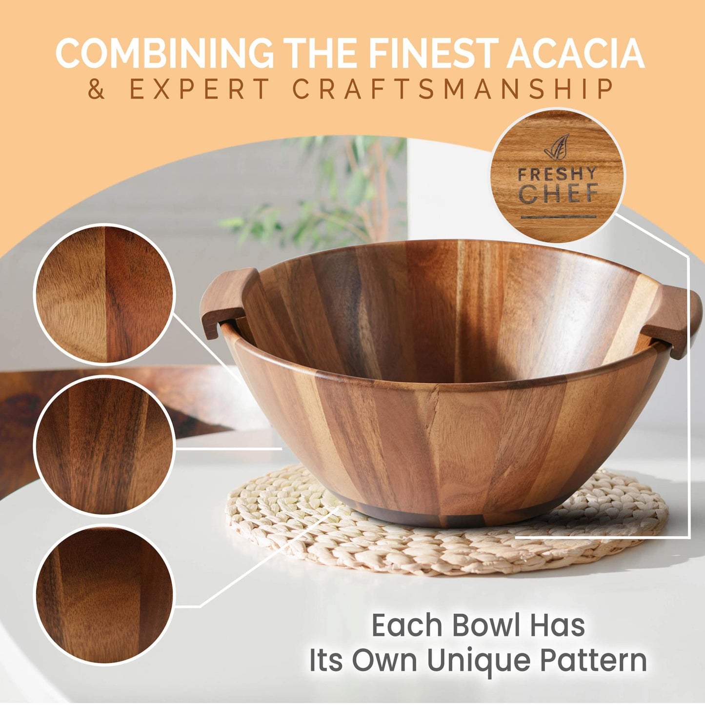 FRESHY CHEF Wooden Salad Bowl - 3 Piece Set - Large Acacia Wood Salad Bowl with Serving Hands - Handmade with Natural Wood - Also Works as Fruit Holder and Decorative Table Accent