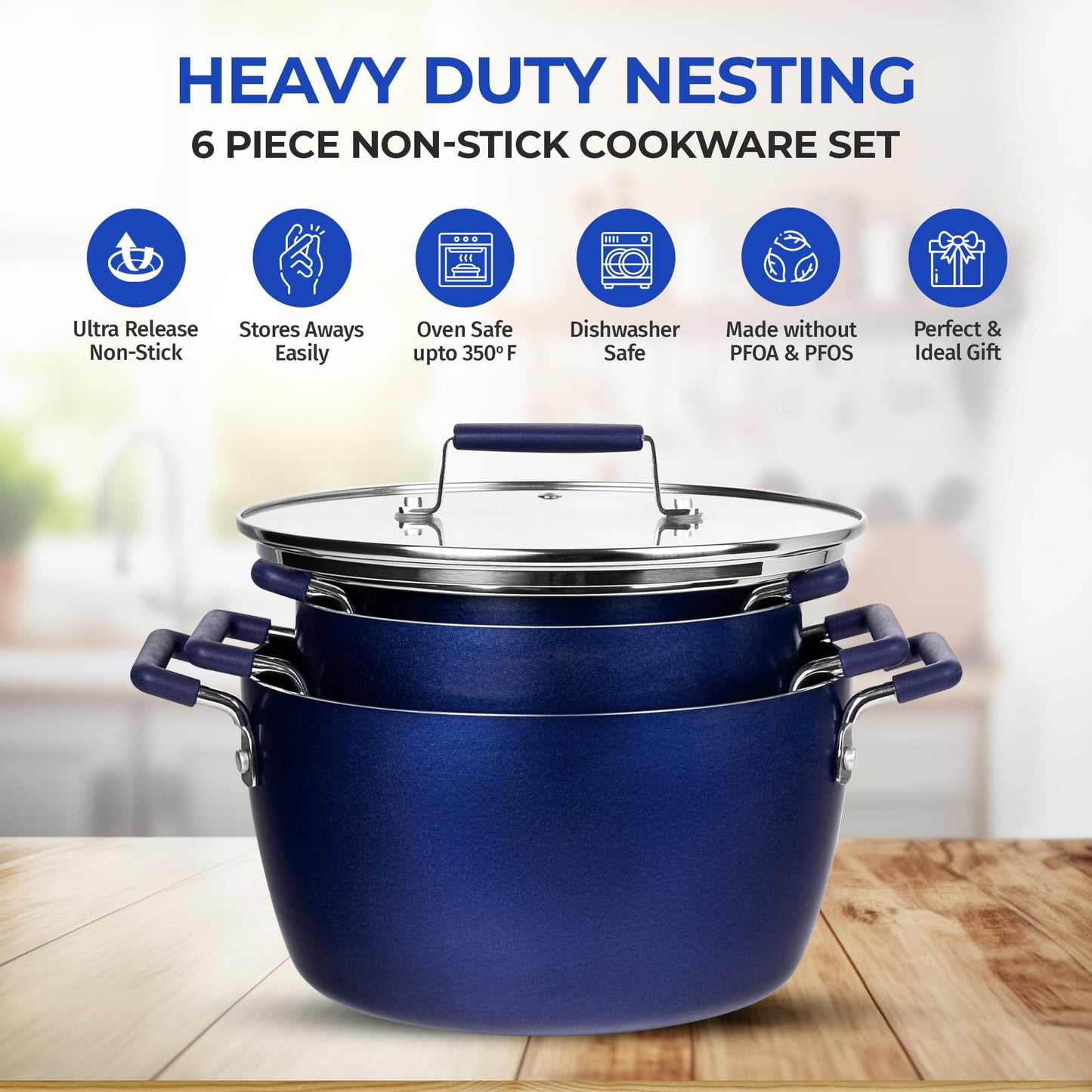 Blue Pots and Pans Set Nonstick 6 Stackable Piece Cooking Pots Set Kitchen Pots