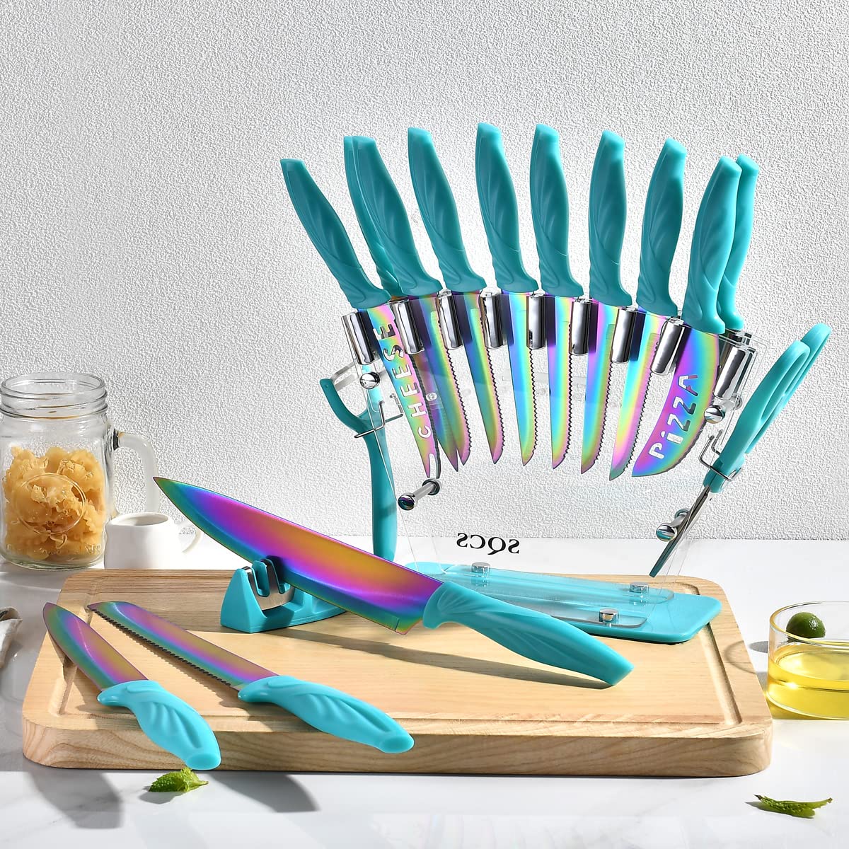 Rainbow Titanium Knife Set 17 PCS Kitchen Knives Set Chef Knife Block Set