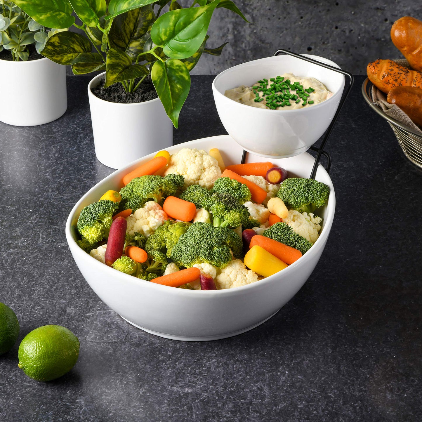 Home Gracious Dining Dinnerware, 3pc Chip & Dip Set with Metal Rack, White, 101989.03 milliliters