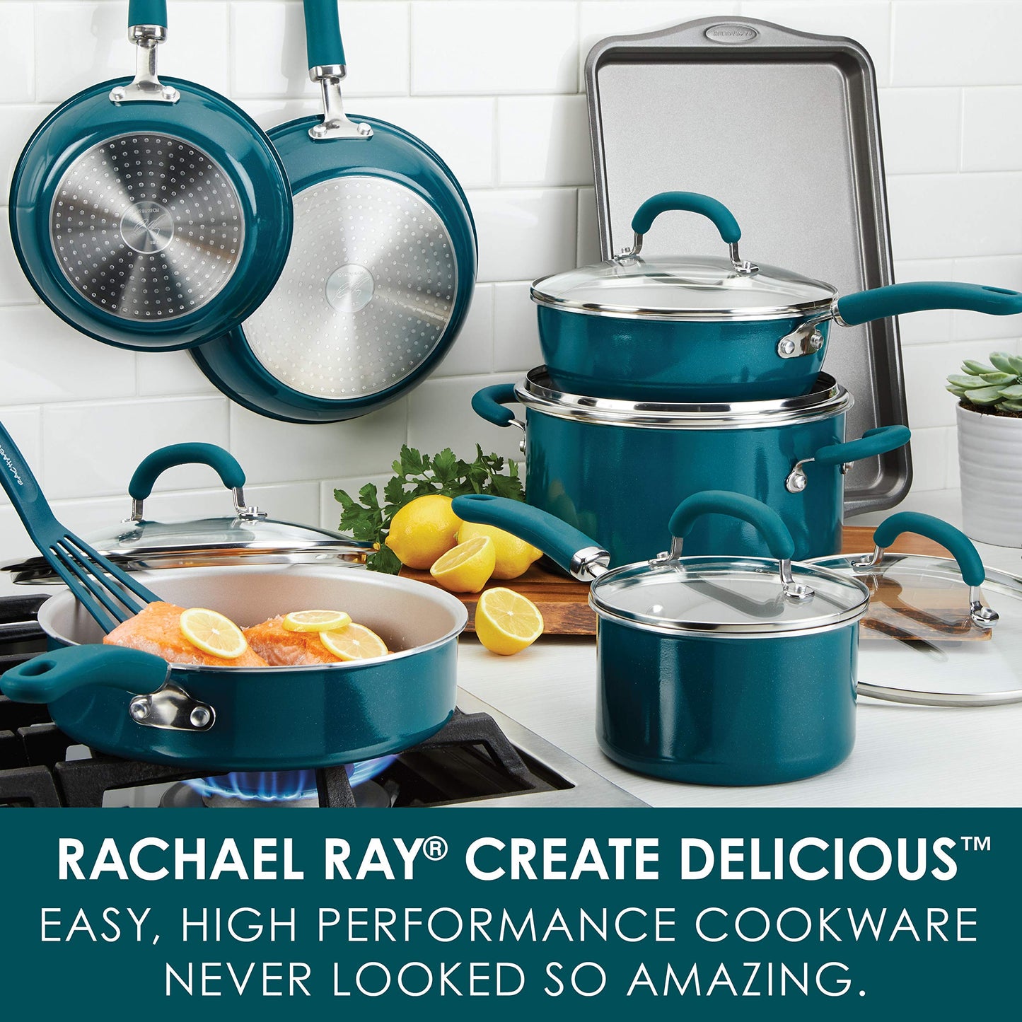 Create Delicious Nonstick Cookware Pots and Pans Set, 13 Piece Teal Shimmer