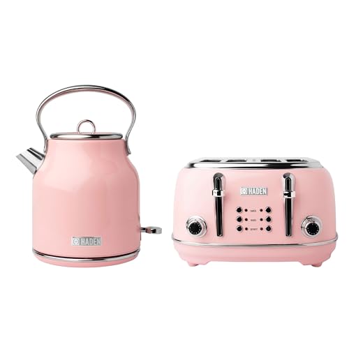 1.7 Liter Stainless Steel Body Retro Electric Tea Kettle with Heritage 4 Slice Wide Slot Stainless Steel Toaster, Pink