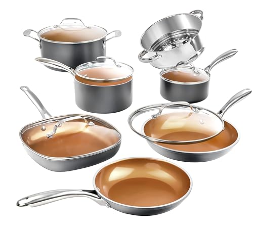 Gotham Steel 12 Pc Ceramic Pots and Pans Set Non Stick, Kitchen Cookware Sets, Pot and Pan Set, Ceramic Cookware Set, Non Toxic Cookware Set, Non Stick Pots and Pan Set, Oven Dishwasher Safe - Copper