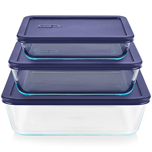 Pyrex Simply Store 3-Pack (3, 6 & 11 Cup) Large Rectangular Glass Food Storage Containers Set, Snug Fit Non-Toxic Plastic BPA-Free Lids, Freezer Dishwasher Microwave Safe
