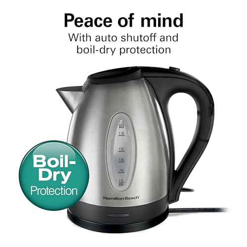 Hamilton Beach Electric Tea Kettle, Water Boiler & Heater, 1.7 Liter, Cordless Serving, 1500 Watts for Fast Boiling, Auto-Shutoff and Boil-Dry Protection, Stainless Steel (40880)
