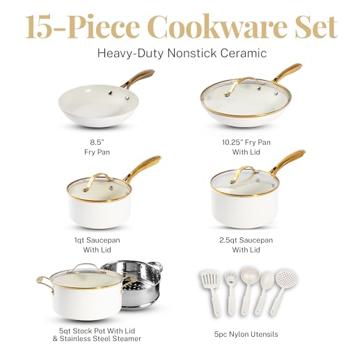 Gotham Steel 15 Pc Ceramic Pots and Pans Set Non Stick, Kitchen Cookware Sets, Pot and Pan Set, Ceramic Cookware Set, Non Toxic Cookware Set, Non Stick Pots and Pan Set Dishwasher Safe, Cream White