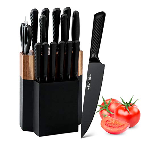 Knife Block Set, 15 Piece Kitchen Knife Set with 6 Steak Knife Set