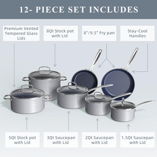 Healthy Duralon Blue Ceramic Nonstick Cookware Set, Diamond Infused Scratch-Resistant