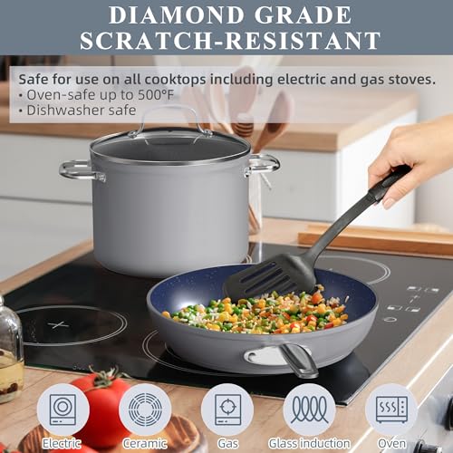Healthy Duralon Blue Ceramic Nonstick Cookware Set, Diamond Infused Scratch-Resistant