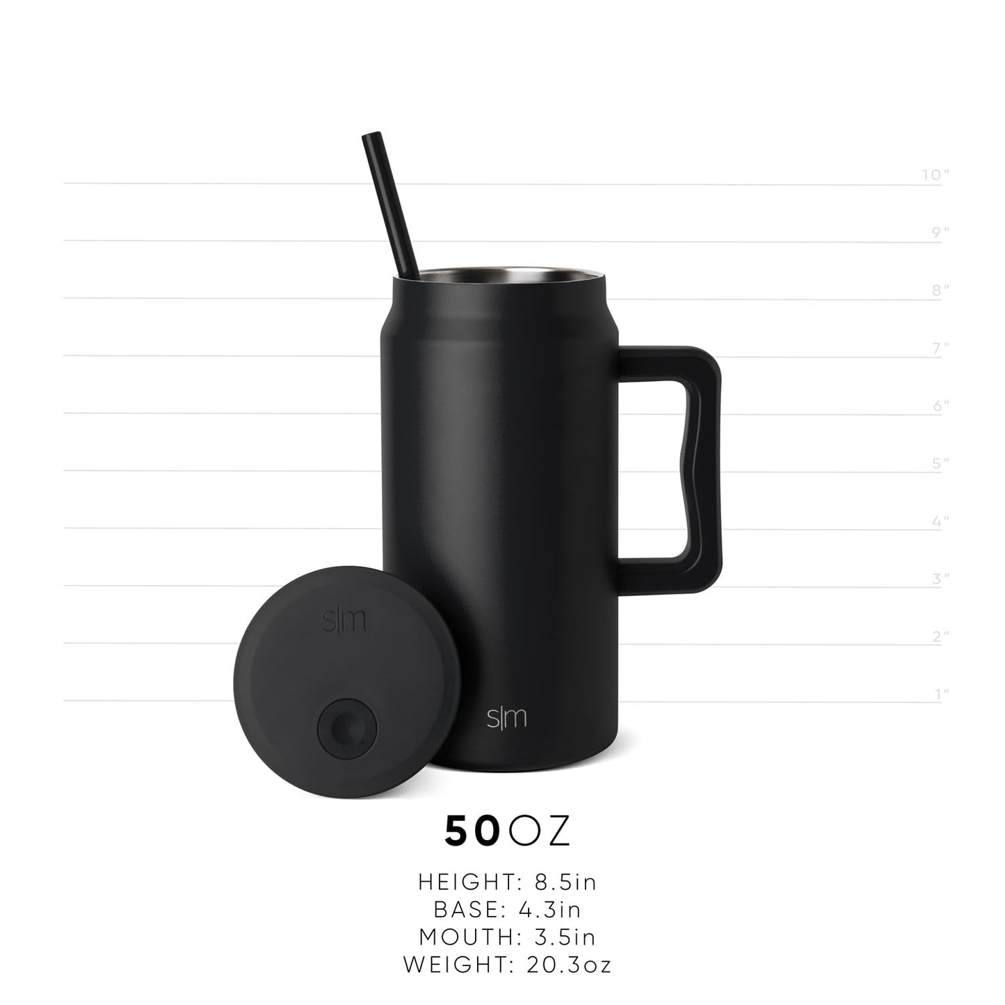 Simple Modern 50 oz Mug Tumbler with Handle and Straw Lid | Reusable Insulated Stainless Steel Large Water Bottle | Gifts for Women Men Him Her | Trek Collection | 50oz | Midnight Black