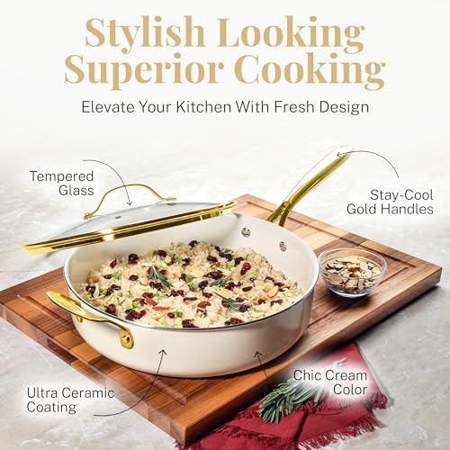 Gotham Steel 15 Pc Ceramic Pots and Pans Set Non Stick, Kitchen Cookware Sets, Pot and Pan Set, Ceramic Cookware Set, Non Toxic Cookware Set, Non Stick Pots and Pan Set Dishwasher Safe, Cream White