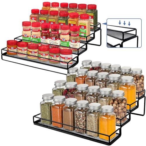Spice Rack Organizer for Cabinet, 4 Tier Seasoning Organizer, Expandable Shelf,Step Storage Holder, Kitchen Cabinet Countertop,with Protection Railing, Metal (Black,2 PC)