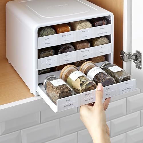 SpiceStack Adjustable Spice Rack Organizer, Pull-Down 24-Bottle Seasonings and Spices Holder for Kitchen Cabinet and Pantry Organization with 104 Included Labels