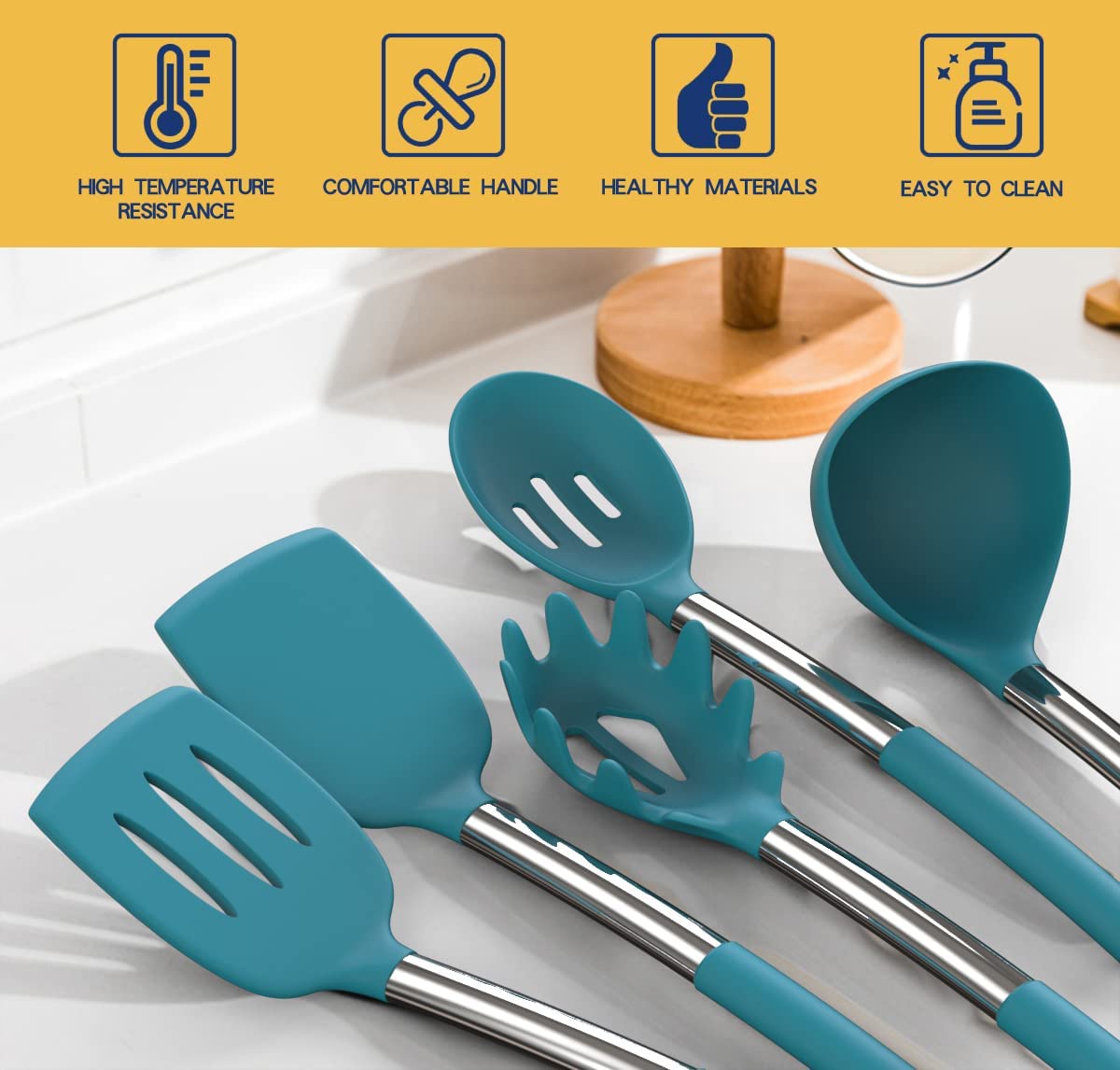 Silicone Cooking Set Non-stick Kitchen Knife Set Handle (Blue-24pcs）