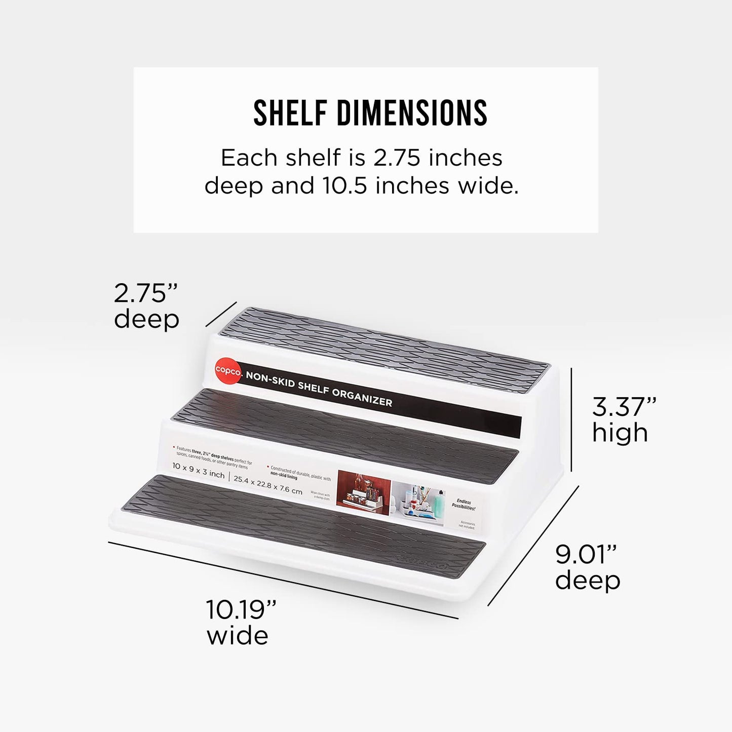 Non-Skid 3-Tier Spice Pantry Kitchen Cabinet Organizer, 10-Inch, White/Gray