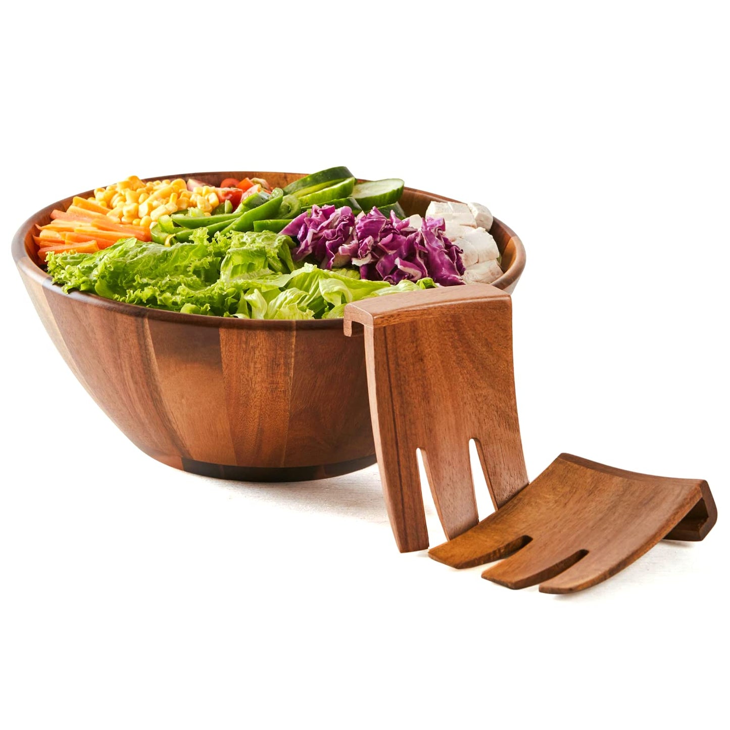 FRESHY CHEF Wooden Salad Bowl - 3 Piece Set - Large Acacia Wood Salad Bowl with Serving Hands - Handmade with Natural Wood - Also Works as Fruit Holder and Decorative Table Accent