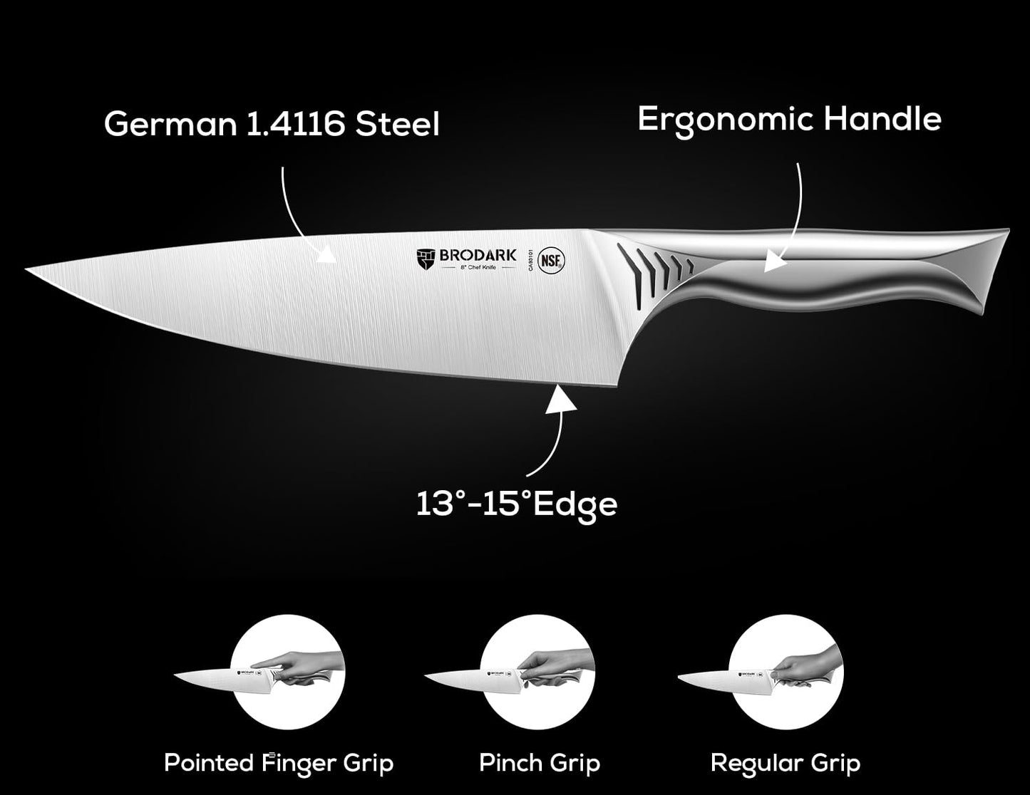 BRODARK Kitchen Knife Set with Block, 15-Piece Knife Block Set with Built-in Sharpener, Stainless Steel Knives Set for Kitchen, NSF Certified Kitchen Knives, Shark Series