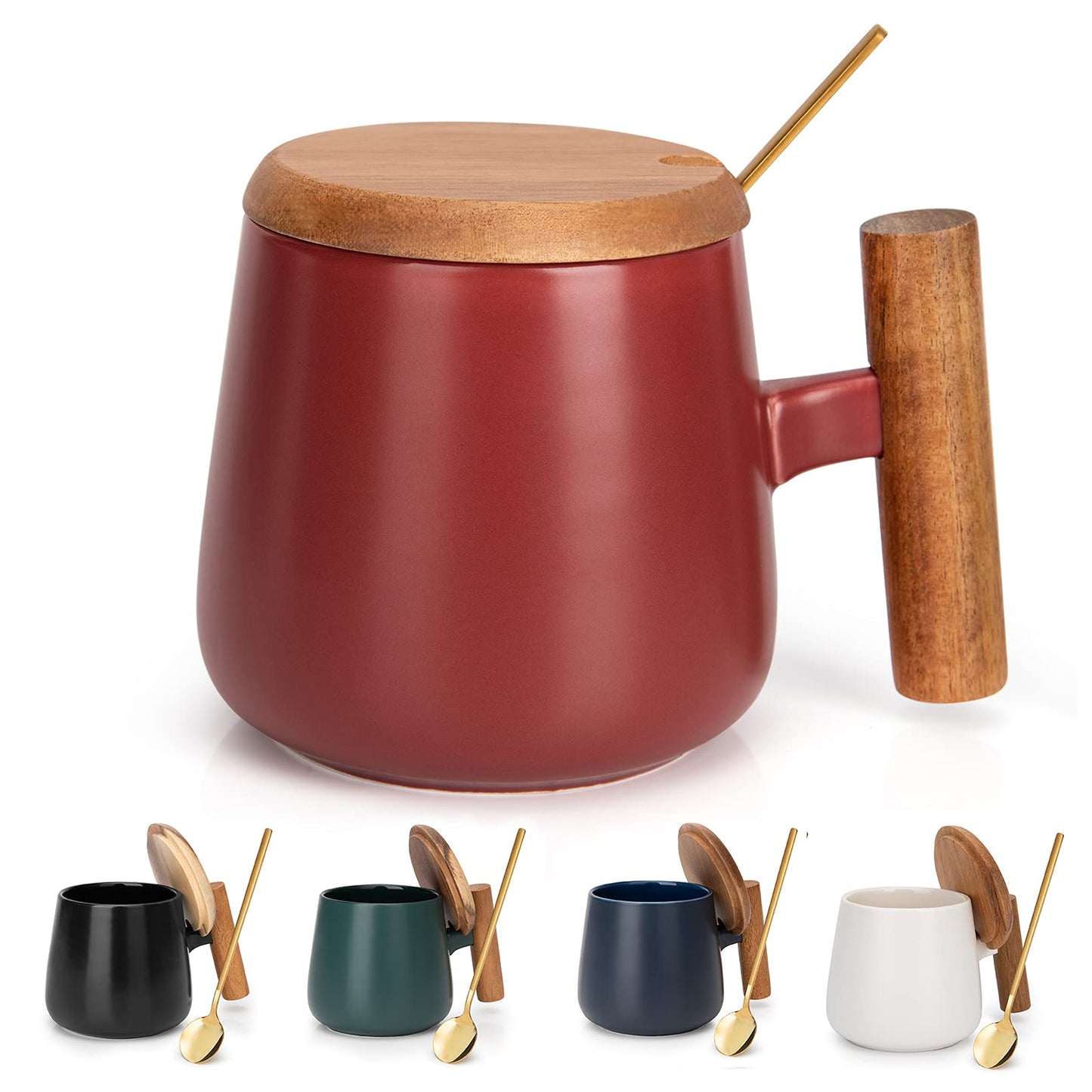 GOOD ALWAYS 14 Oz Ceramic Coffee Mug with Lid and Coffee Spoon for Latte,Cappuccino Mug, Cocoa Mug, Tea Mug, Valentines Day, Christmas, Birthday Gifts for Women, 1 Pack (Matte Red)