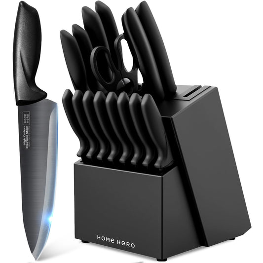 High Carbon Stainless Steel Knife Block Set 16 Pcs - Black