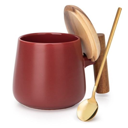 GOOD ALWAYS 14 Oz Ceramic Coffee Mug with Lid and Coffee Spoon for Latte,Cappuccino Mug, Cocoa Mug, Tea Mug, Valentines Day, Christmas, Birthday Gifts for Women, 1 Pack (Matte Red)