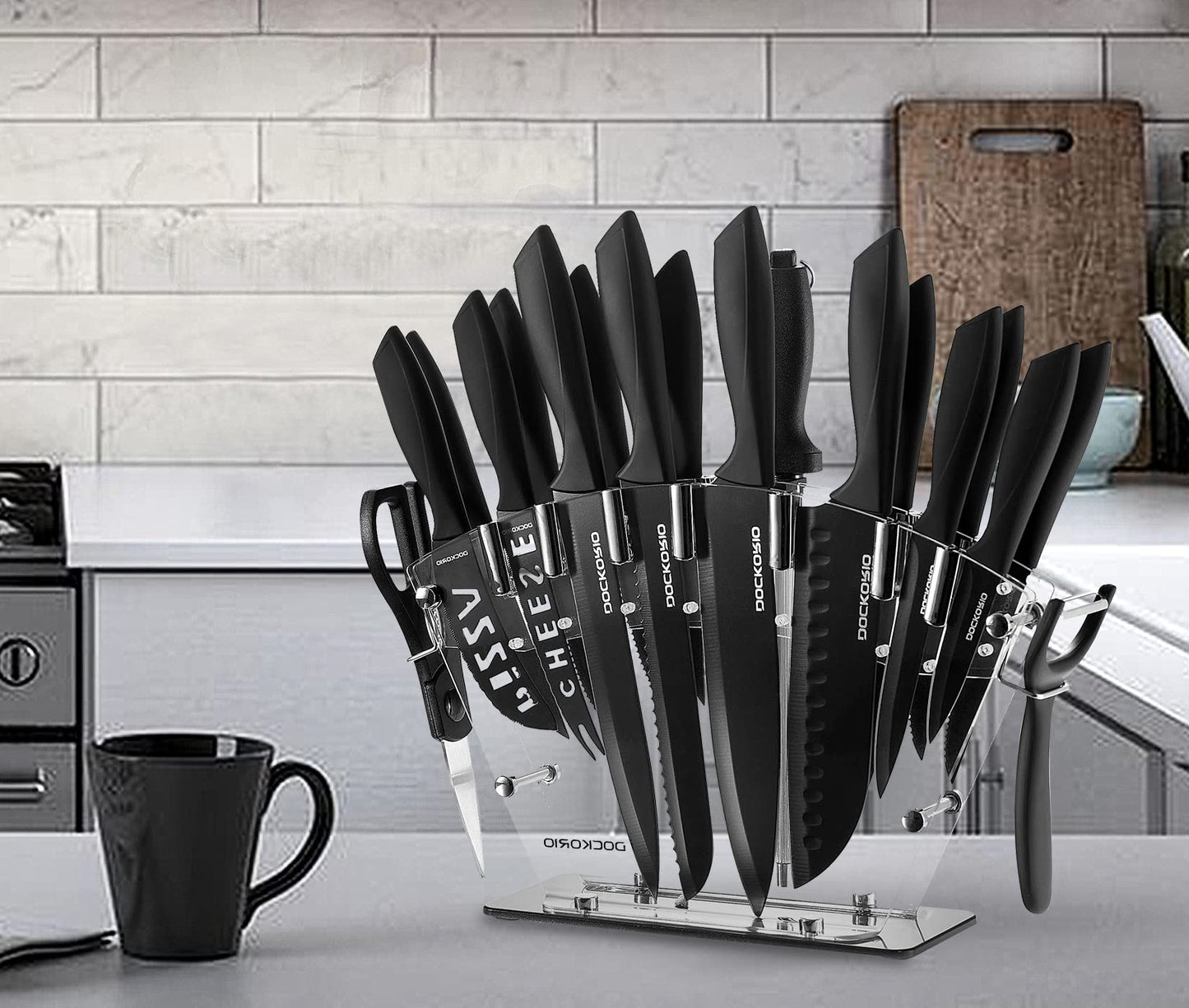 Kitchen Knife Set with Block 19 PCS Carbon Stainless Steel all in one Knife Set