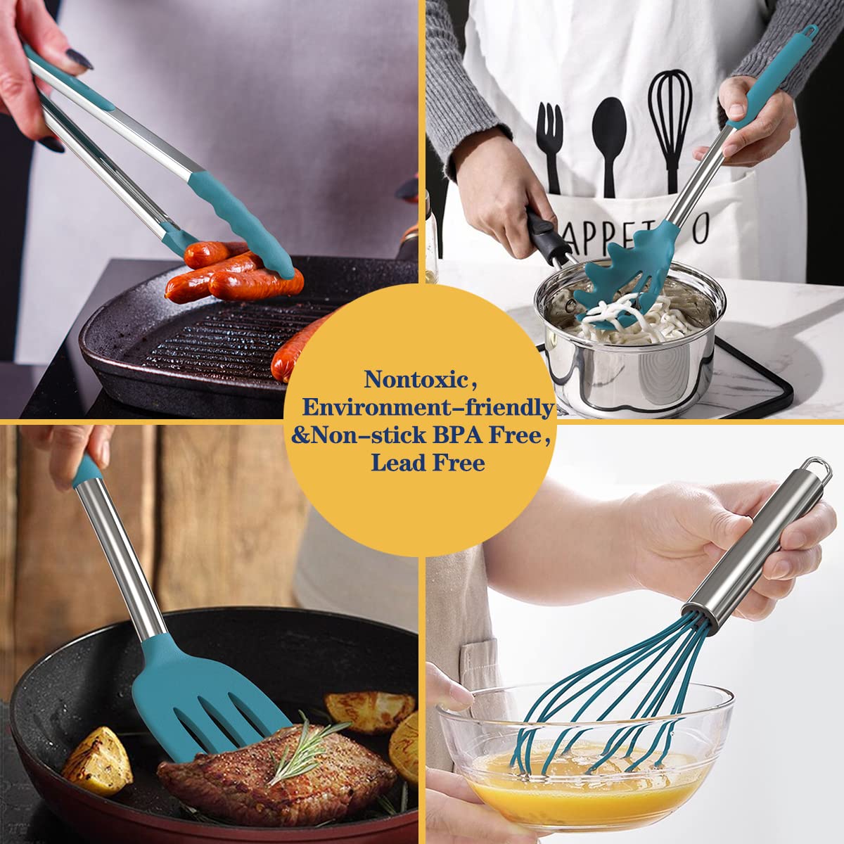 Silicone Cooking Set Non-stick Kitchen Knife Set Handle (Blue-24pcs）