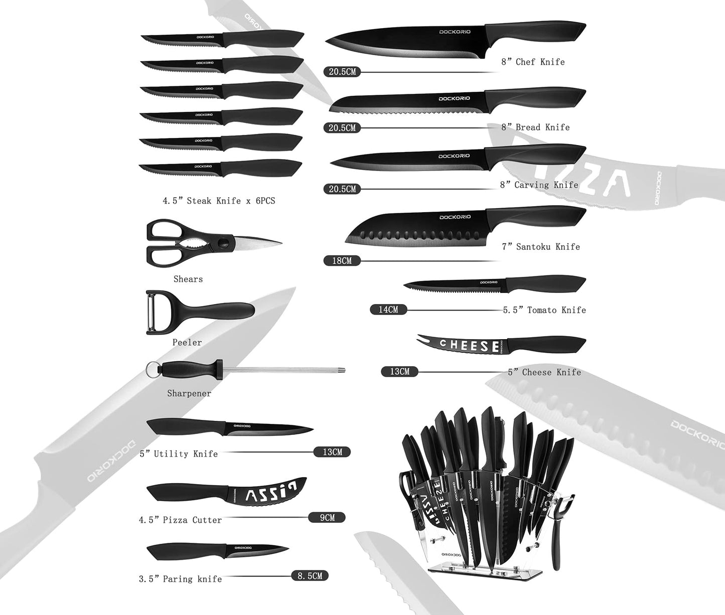 Kitchen Knife Set with Block 19 PCS Carbon Stainless Steel all in one Knife Set