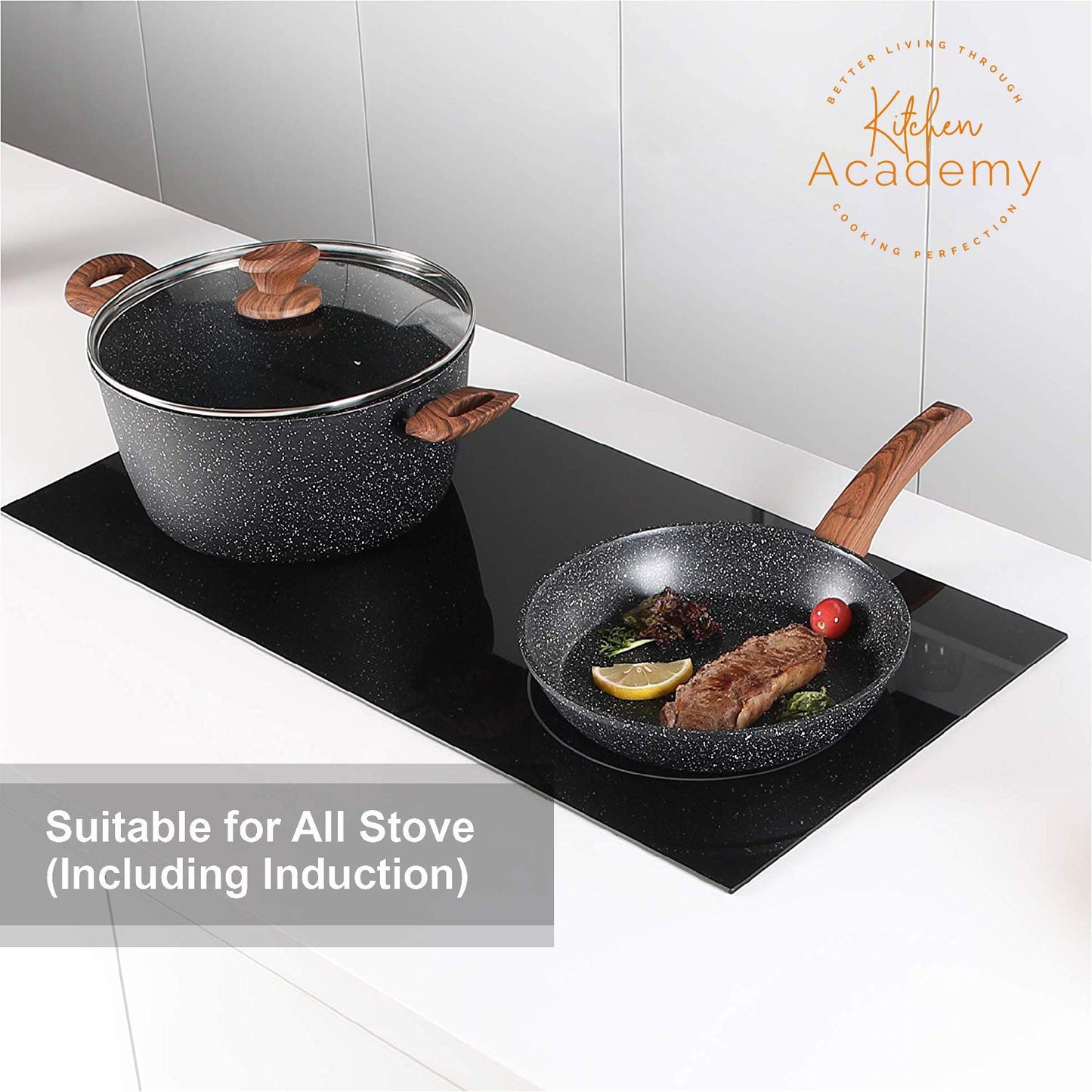 Induction Cookware Sets - 12 Piece Cooking Pan Set Granite Black Nonstick Pots and Pans Set
