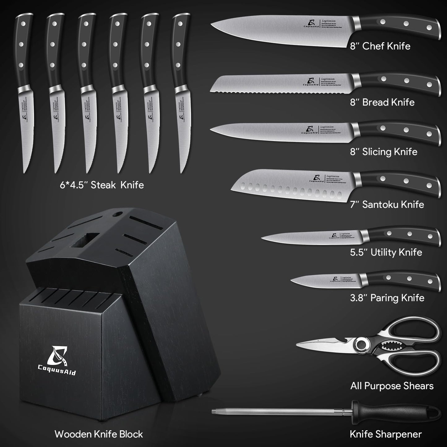 Knife Set, New 15° Beveled Easy Insert 15 Pcs Kitchen Knife Block Set