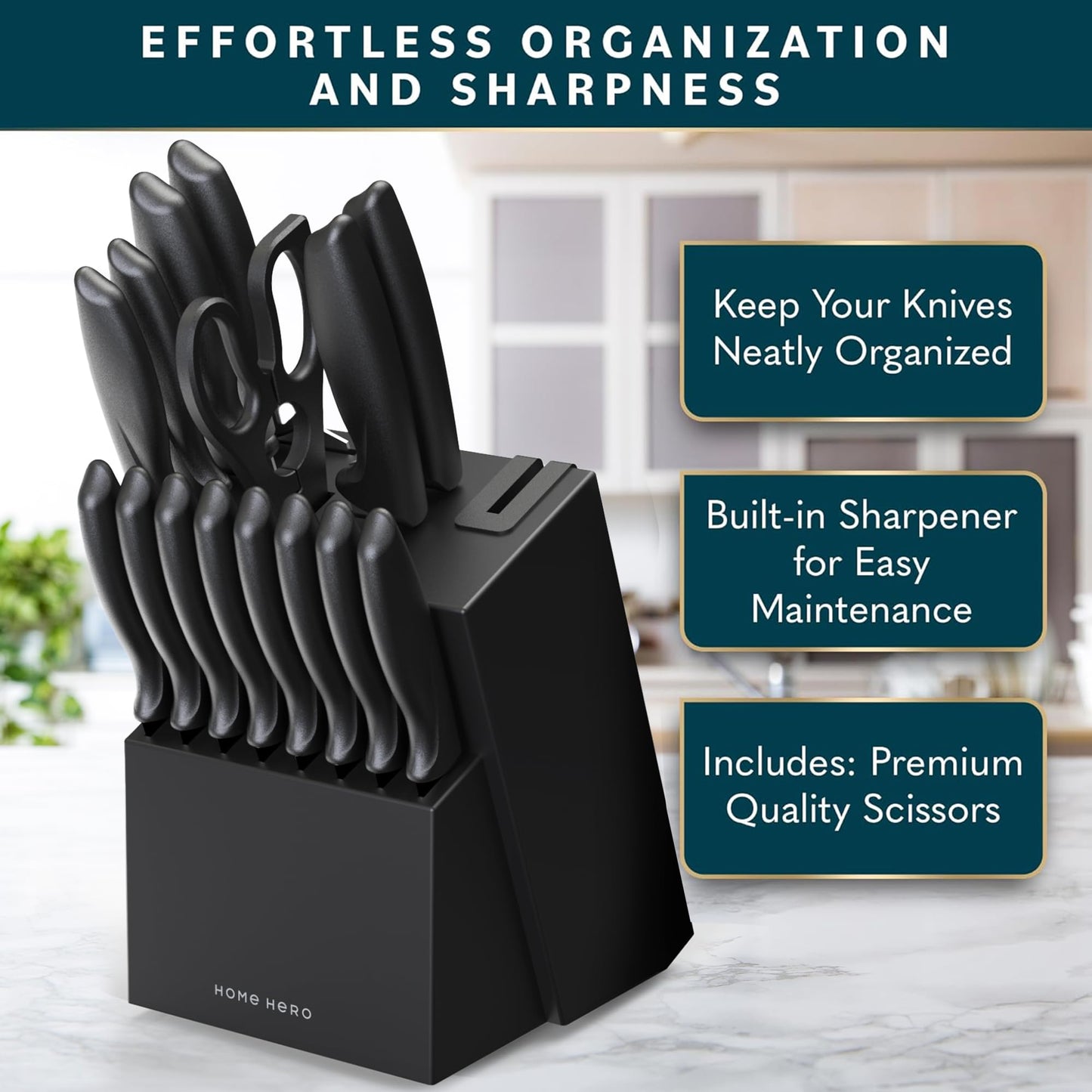 High Carbon Stainless Steel Knife Block Set 16 Pcs - Black
