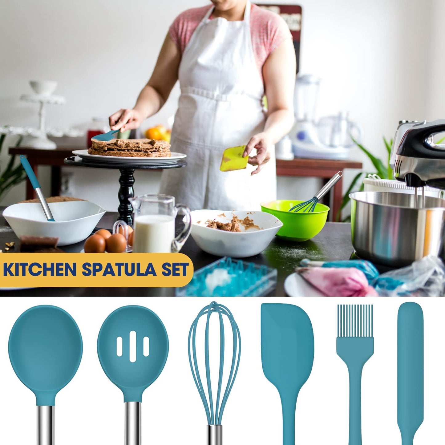 Silicone Cooking Set Non-stick Kitchen Knife Set Handle (Blue-24pcs）